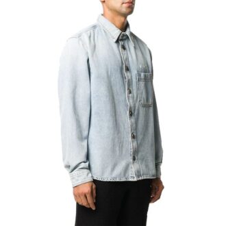 Camisas de Denim de manga larga con logo impreso para hombre, azul