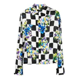 Camisas de manga larga con solapa a cuadros y estampado de flores SS21, versión entallada, negra