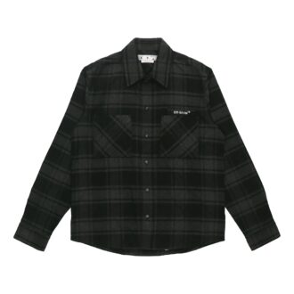 Camisas Off-White para hombre con logo, de franela a cuadros, manga larga y corte holgado, color gris