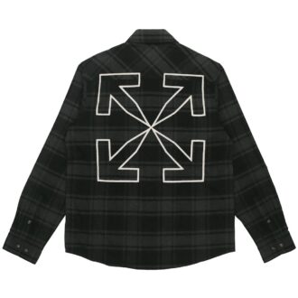 Camisas Off-White para hombre con logo, de franela a cuadros, manga larga y corte holgado, color gris