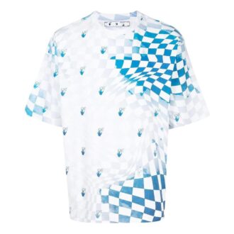 Camiseta azul de Off-White para hombre, colección Otoño-Invierno 2022, de corte holgado, cuello redondo, manga corta y estampado de logotipo a cuadros