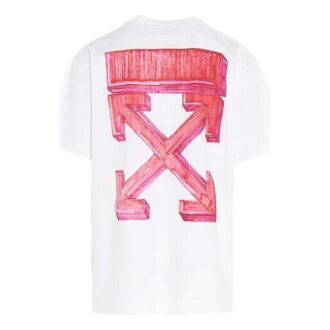 Camiseta blanca de cuello redondo, pantalones cortos y corte holgado con estampado de flecha en la espalda