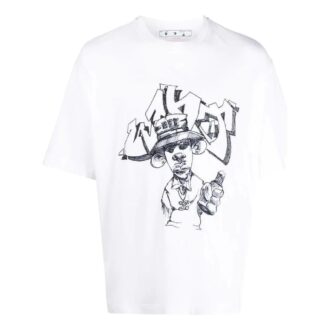 Camiseta blanca de hombre Off-White FW22 de corte holgado, cuello redondo y pantalón corto con estampado de dibujos animados