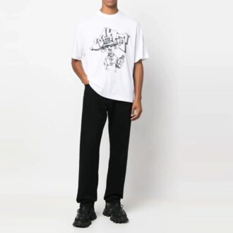 Camiseta blanca de hombre Off-White FW22 de corte holgado, cuello redondo y pantalón corto con estampado de dibujos animados