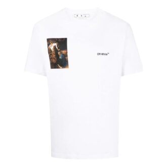 Camiseta blanca de manga corta con cuello redondo y estampado de personajes de Off-White para hombre, colección FW22, versión estándar