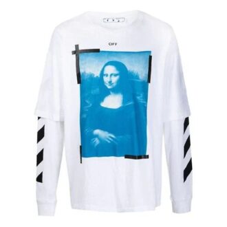 Camiseta blanca de manga larga con cuello redondo y corte holgado con estampado de la Mona Lisa de Off-White para hombre