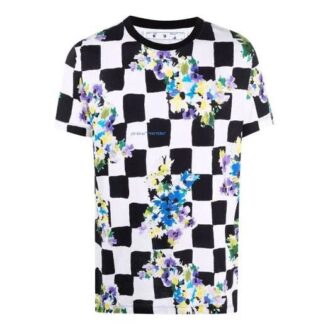 Camiseta de manga corta a cuadros con flores de algodón SS21, negra y blanca