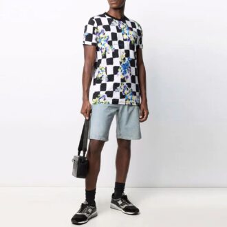Camiseta de manga corta a cuadros con flores de algodón SS21, negra y blanca