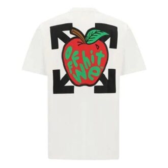 Camiseta de manga corta con estampado de manzana, corte holgado, para hombre, color blanco