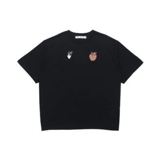 Camiseta de manga corta con estampado de manzana y flecha, corte holgado, negro