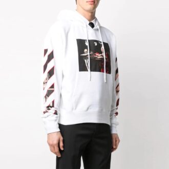 Camiseta de manga larga con capucha y rayas estampadas, versión estándar, blanca