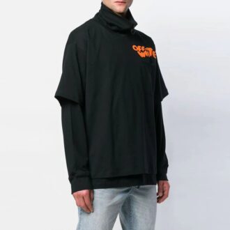 Camiseta de manga larga con solapa con cremallera y estampado de letras, color negro