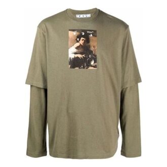 Camiseta de manga larga holgada con estampado Caravaggio Niños de Off-White para hombre, color verde militar