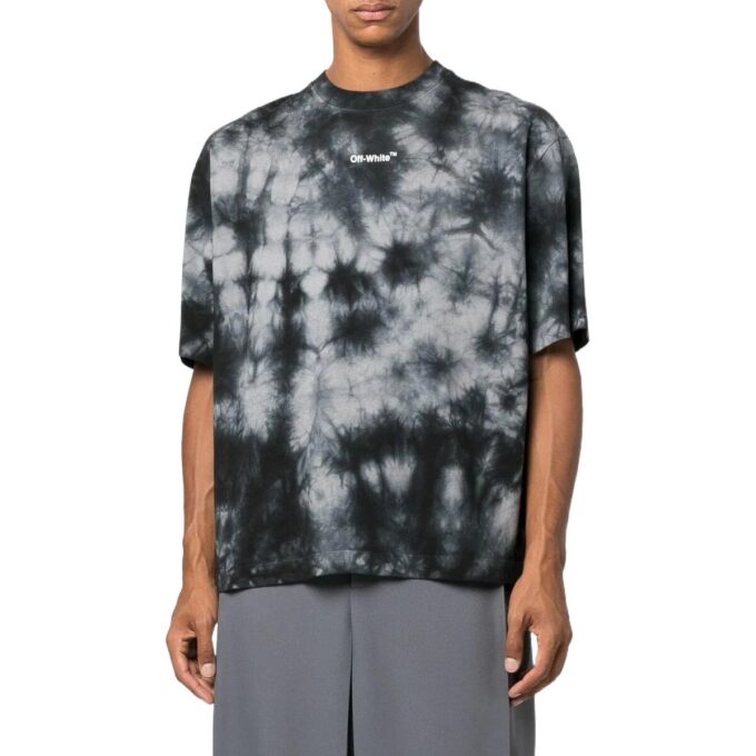 Camiseta gris de Off-White para hombre, colección FW22, cuello redondo, pantalones cortos, corte holgado y estampado Tie Dye con logotipo