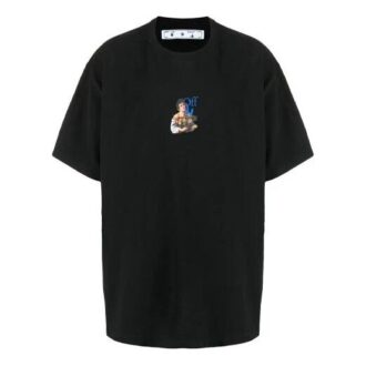 Camiseta negra de manga corta holgada con diseño de flecha azul de la colección 21SS