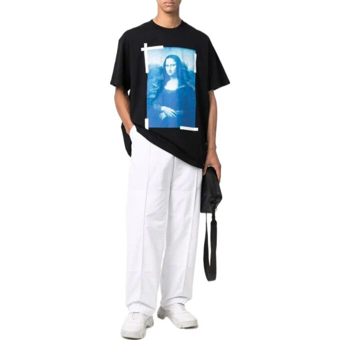 Camiseta negra de manga corta y corte holgado con estampado de personajes en color liso de Off-White para hombre, colección primavera-verano 2022