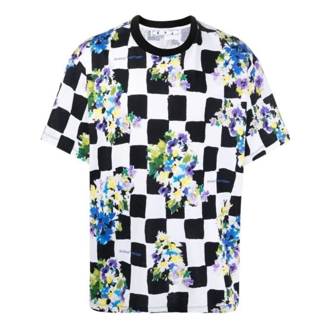 Camiseta negra de manga corta y cuello redondo con estampado de flores a cuadros Off-White para hombre, temporada primavera-verano 2022, corte holgado