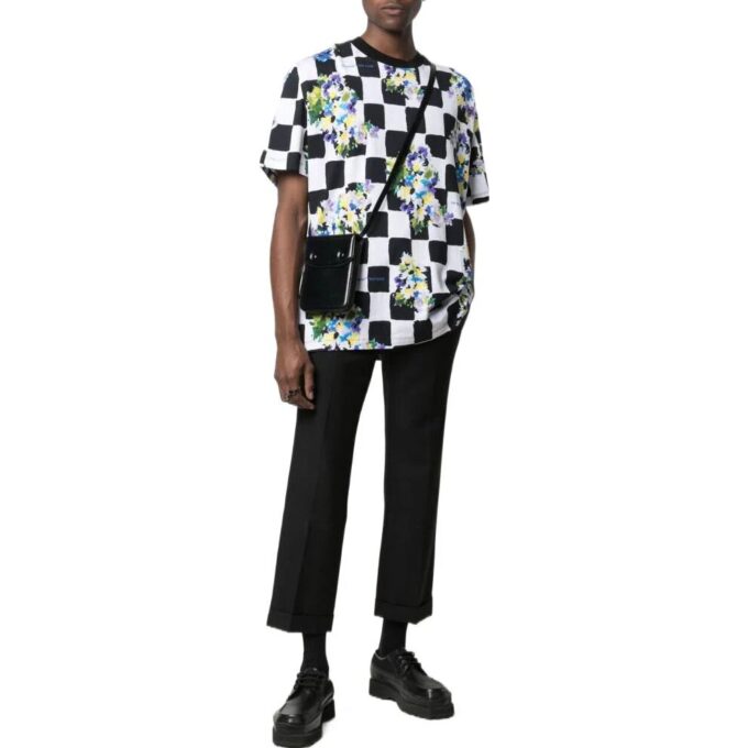 Camiseta negra de manga corta y cuello redondo con estampado de flores a cuadros Off-White para hombre, temporada primavera-verano 2022, corte holgado