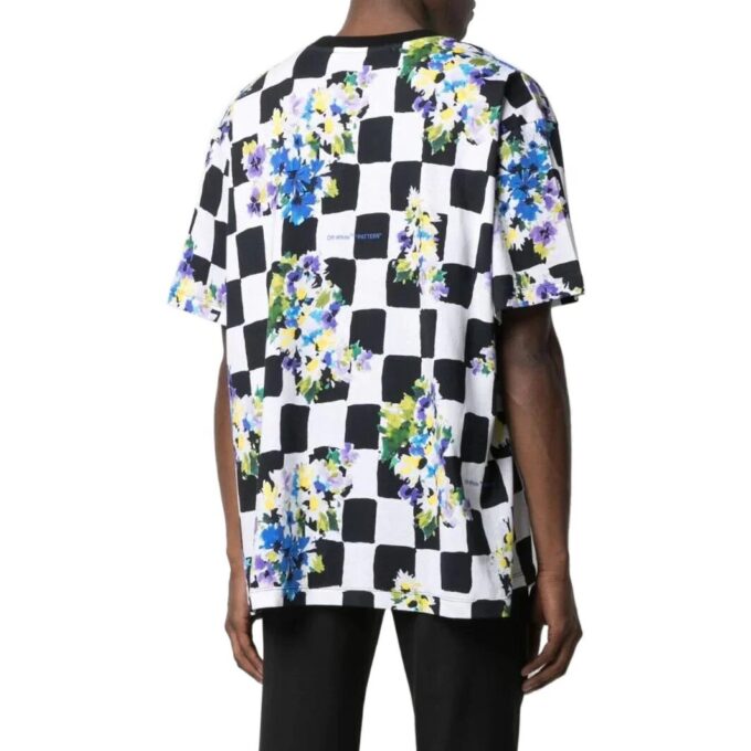 Camiseta negra de manga corta y cuello redondo con estampado de flores a cuadros Off-White para hombre, temporada primavera-verano 2022, corte holgado