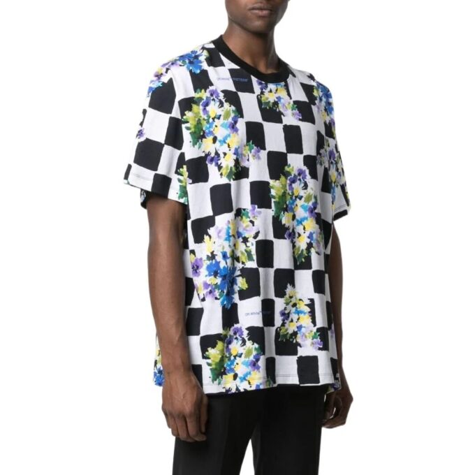 Camiseta negra de manga corta y cuello redondo con estampado de flores a cuadros Off-White para hombre, temporada primavera-verano 2022, corte holgado