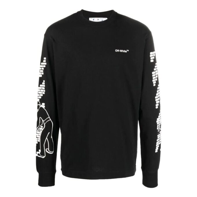 Camiseta negra de manga larga con cuello redondo y estampado de logotipo Off-White para hombre FW22