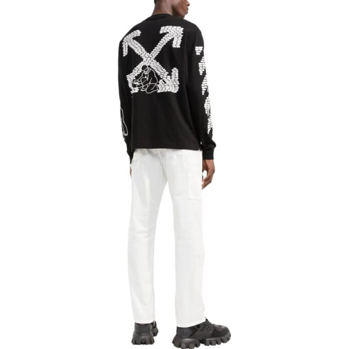 Camiseta negra de manga larga con cuello redondo y estampado de logotipo Off-White para hombre FW22