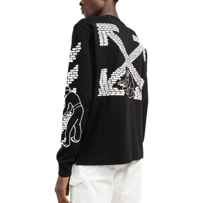 Camiseta negra de manga larga con cuello redondo y estampado de logotipo Off-White para hombre FW22