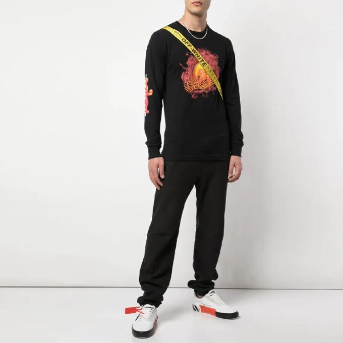 Camiseta negra de manga larga con estampado de manos y planeta de Off-White para hombre