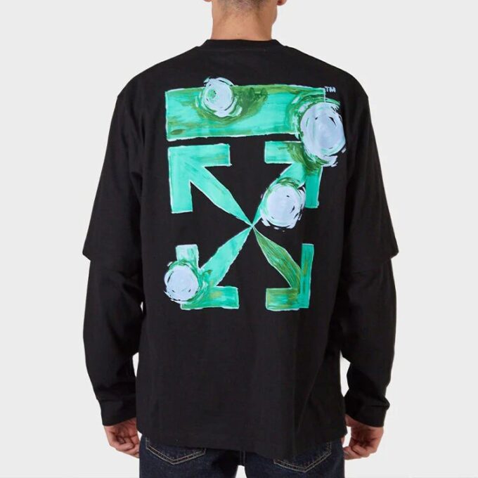 Camiseta negra holgada de manga larga con estampado de flecha verde en la manga de Off-White para hombre, colección FW21