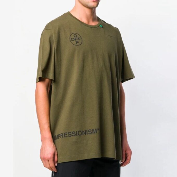 Camiseta Off-White de manga corta y corte holgado con estampado de flechas de graffiti para hombre, color verde militar