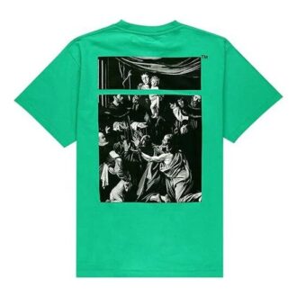 Camiseta Off-White para hombre Caravaggio con estampado en la espalda cuadrada, pantalones cortos y corte holgado, verde o Virgil Abloh