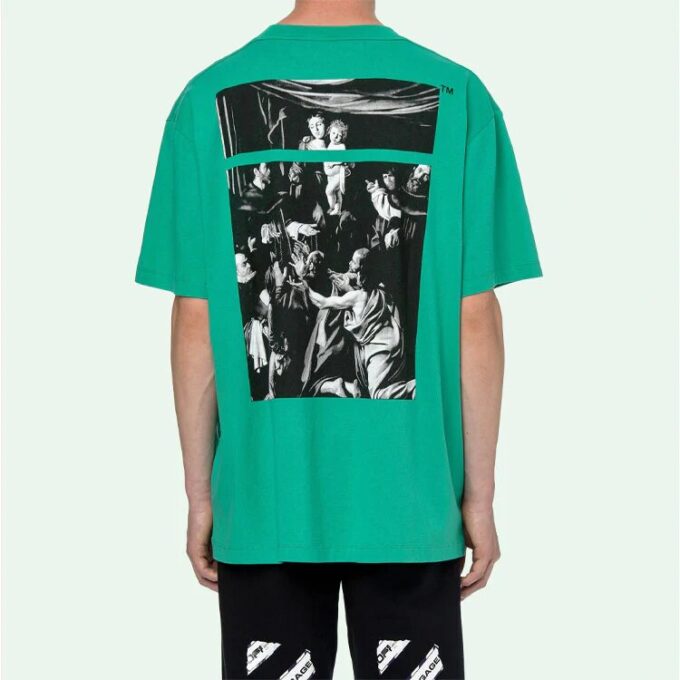 Camiseta Off-White para hombre Caravaggio con estampado en la espalda cuadrada, pantalones cortos y corte holgado, verde o Virgil Abloh