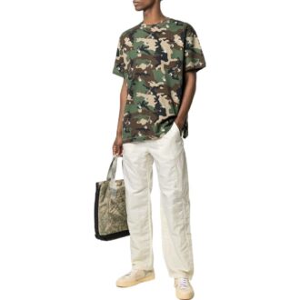 Camiseta Off-White para hombre, colección primavera-verano 2022, con estampado de camuflaje, cuello redondo y pantalones cortos, color verde