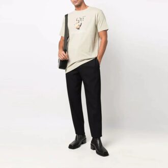 Camiseta Off-White para hombre con estampado de logotipo, cuello redondo y pantalones cortos, color marrón claro