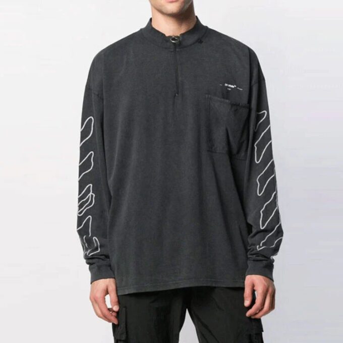 Camiseta Off-White para hombre de la temporada primavera-verano 2021 con estampado de flechas, media cremallera, manga larga y corte holgado en gris oscuro