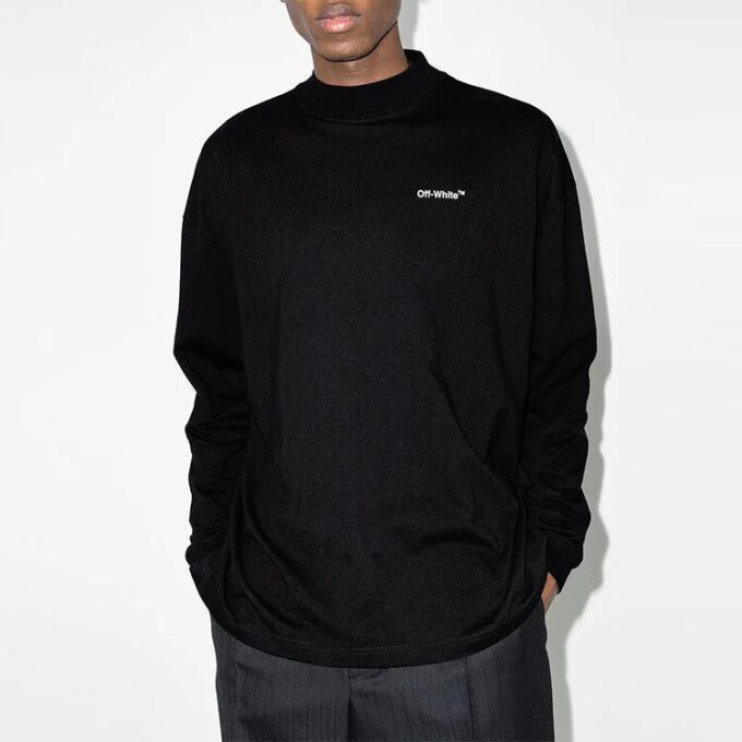 Camiseta Off-White para hombre FW21 con logo, letras, flecha, cuello redondo, manga larga y corte holgado en negro