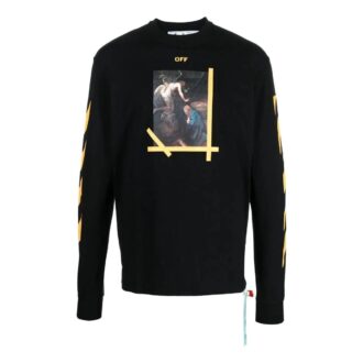Camiseta Off-White para hombre FW22 de color liso, cuello redondo, estampado pintado y manga larga, color negro