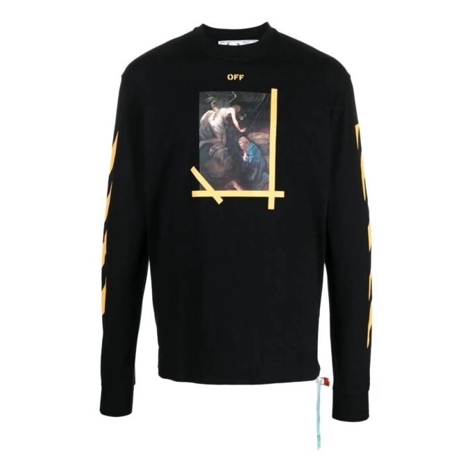 Camiseta Off-White para hombre FW22 de color liso, cuello redondo, estampado pintado y manga larga, color negro