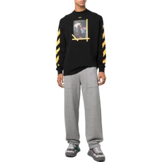 Camiseta Off-White para hombre FW22 de color liso, cuello redondo, estampado pintado y manga larga, color negro