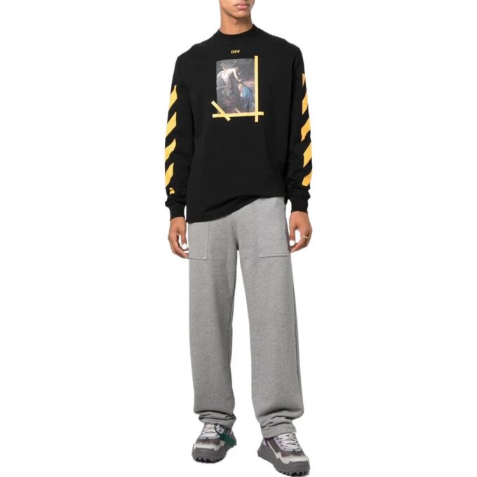 Camiseta Off-White para hombre FW22 de color liso, cuello redondo, estampado pintado y manga larga, color negro
