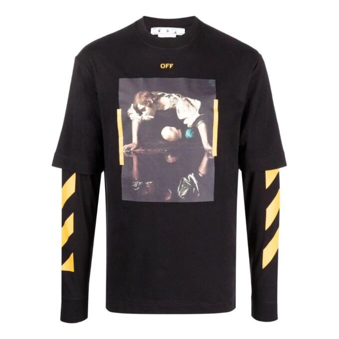 Camiseta Off-White para hombre, temporada primavera-verano 2022, con estampado, cuello redondo y manga larga, color negro