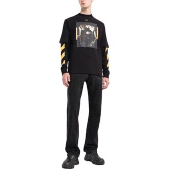 Camiseta Off-White para hombre, temporada primavera-verano 2022, con estampado, cuello redondo y manga larga, color negro