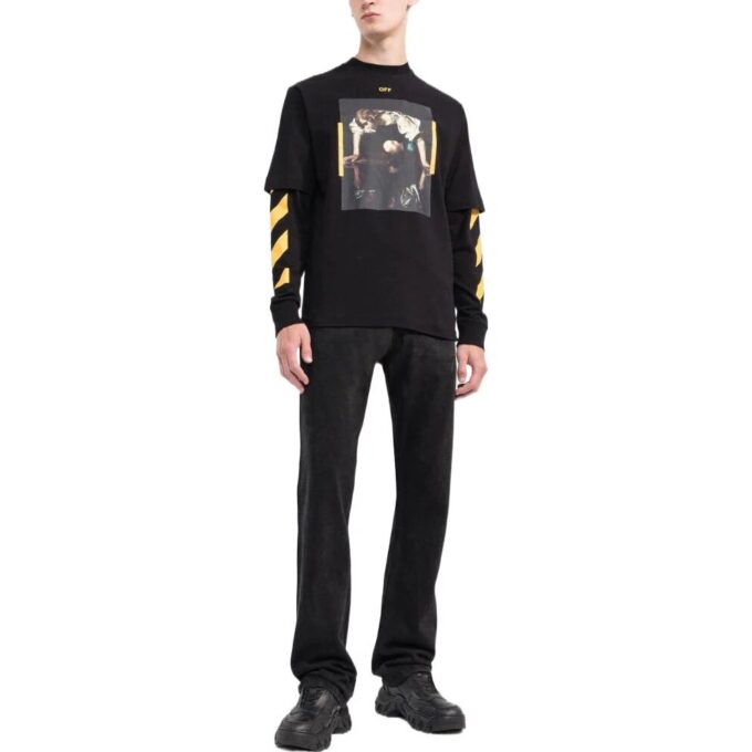 Camiseta Off-White para hombre, temporada primavera-verano 2022, con estampado, cuello redondo y manga larga, color negro