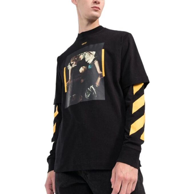 Camiseta Off-White para hombre, temporada primavera-verano 2022, con estampado, cuello redondo y manga larga, color negro