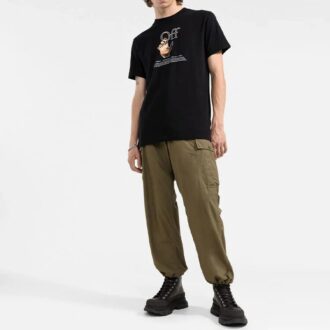FW21 Camiseta de pantalones cortos con cuello redondo y estampado de logotipo divertido, versión estándar, color negro