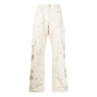 Pantalones largos casuales de hombre Off-White con patrón geométrico y hebilla, corte holgado, color blanco