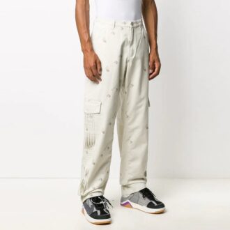 Pantalones largos casuales de hombre Off-White con patrón geométrico y hebilla, corte holgado, color blanco
