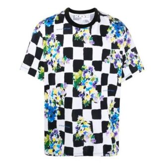 SS21 Camiseta de manga corta con estampado de flores y cuadros, pantalones cortos, corte holgado, color blanco