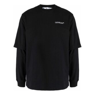 SS22 Camiseta de manga larga con cuello redondo, color liso y logo estampado, color negro