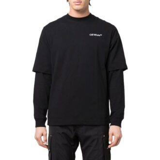SS22 Camiseta de manga larga con cuello redondo, color liso y logo estampado, color negro
